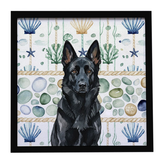 Buy this Black German Shepherd Coastal Sea Glass Framed Metal Print