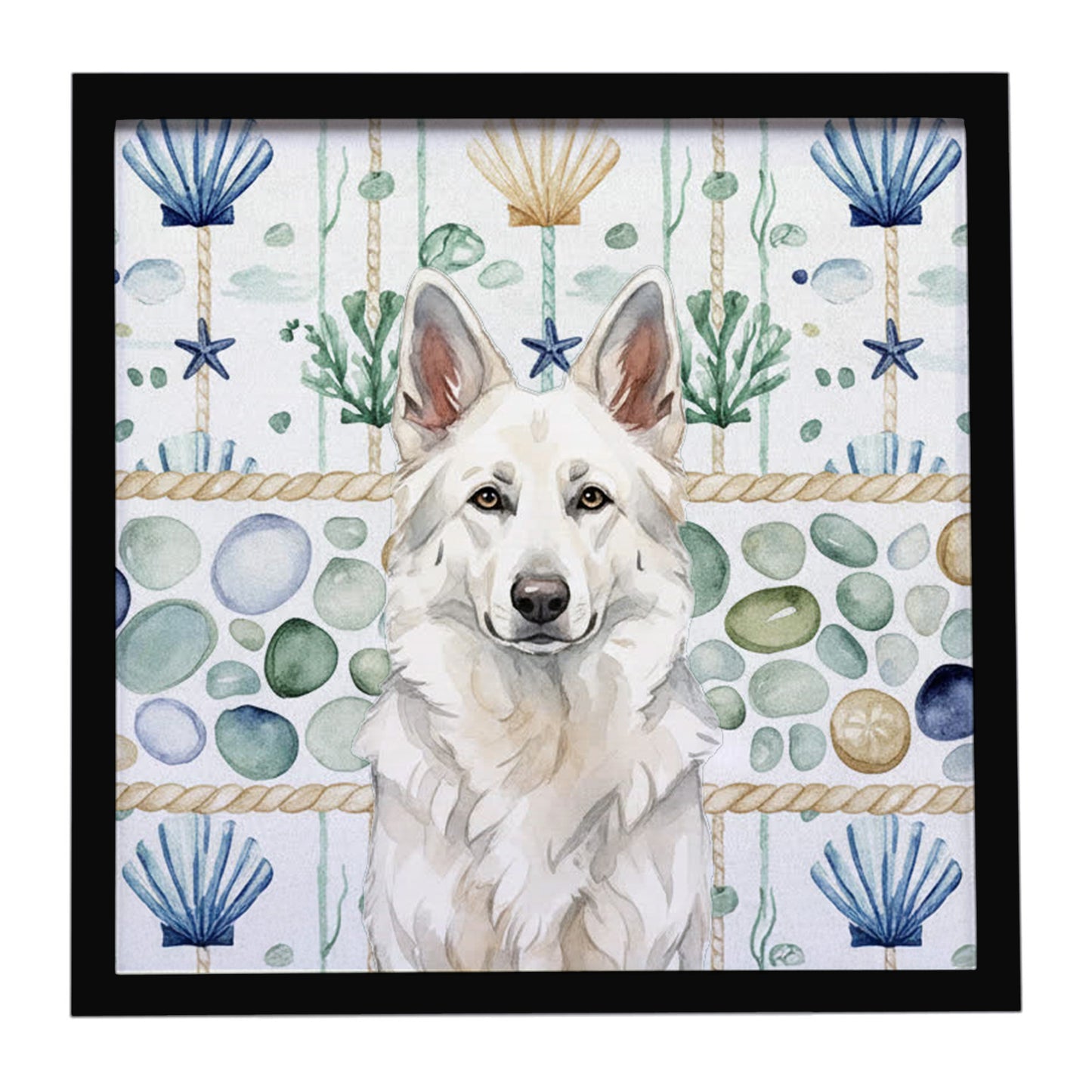 Buy this White German Shepherd Coastal Sea Glass Framed Metal Print