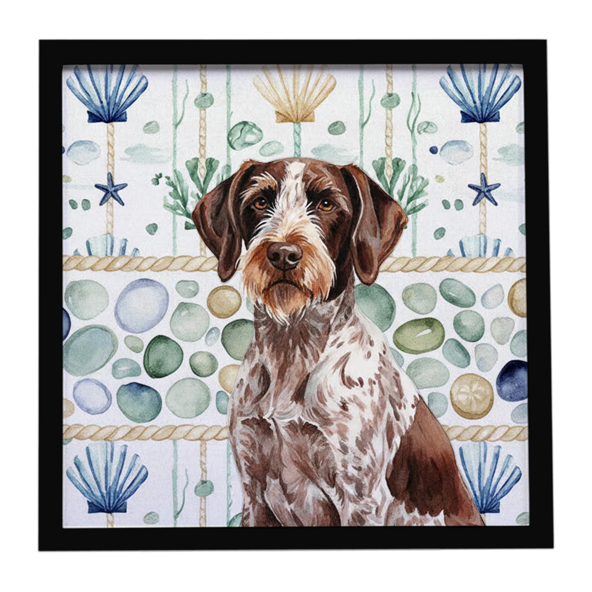 Buy this Roan German Wirehaired Pointer Coastal Sea Glass Framed Metal Print