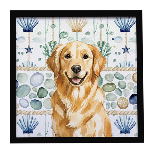 Buy this Golden Retriever Coastal Sea Glass Framed Metal Print