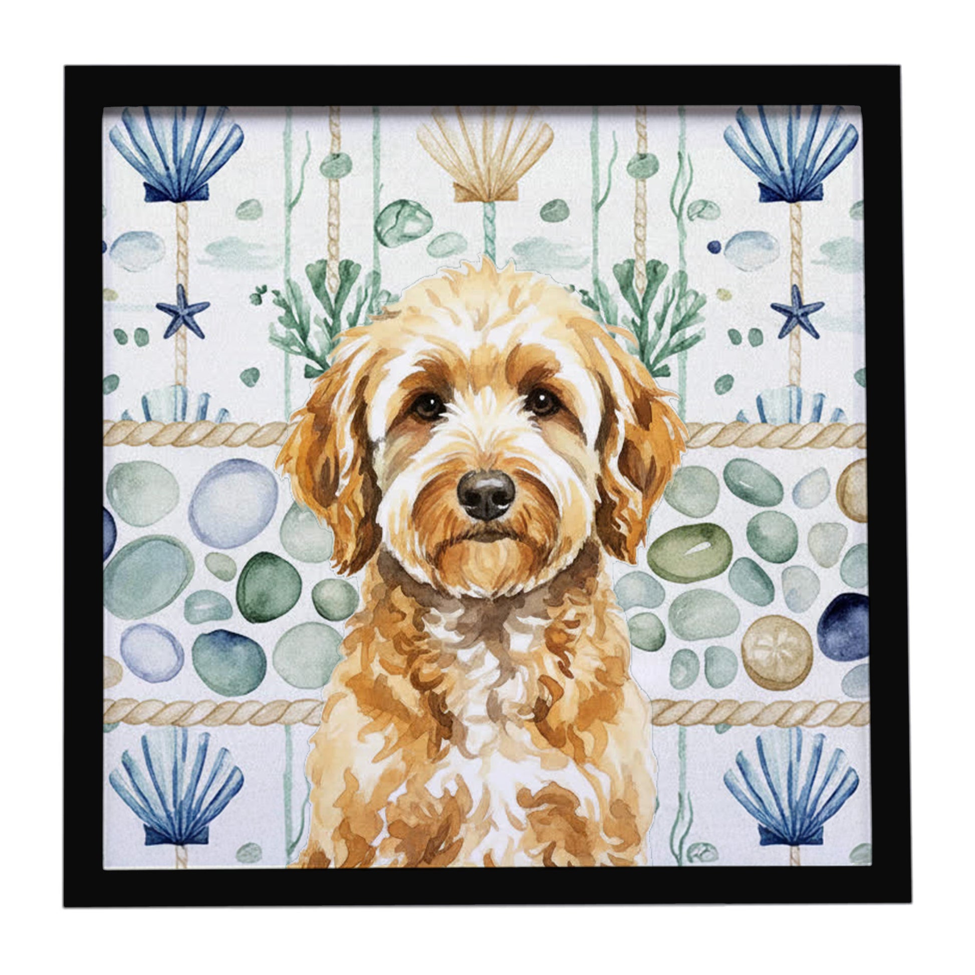Buy this Goldendoodle Coastal Sea Glass Framed Metal Print