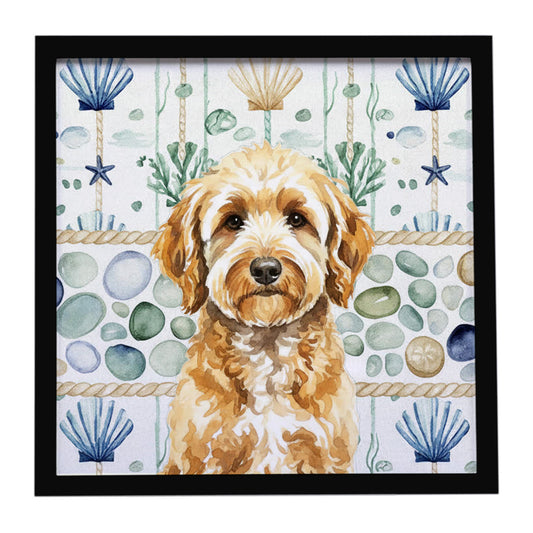 Buy this Goldendoodle Coastal Sea Glass Framed Metal Print