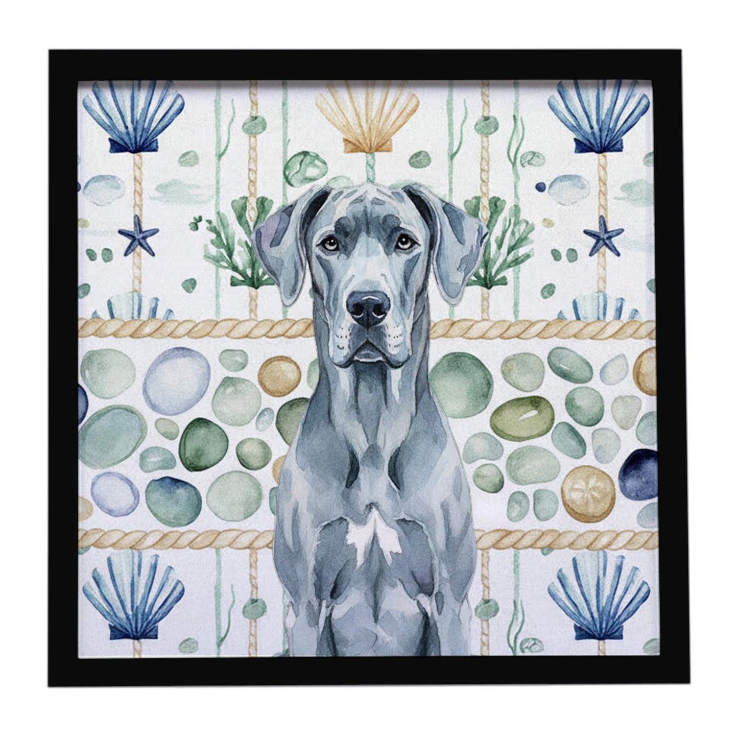 Buy this Blue Great Dane Coastal Sea Glass Framed Metal Print
