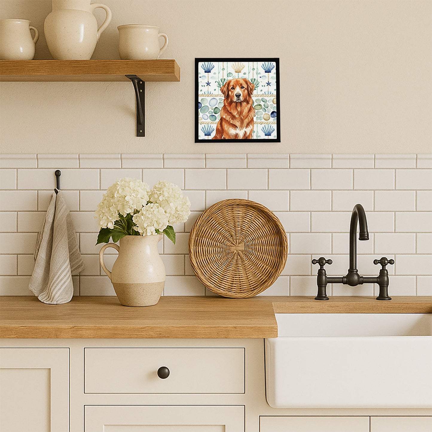 Reddish Brown Great Pyrenees Coastal Sea Glass Framed Metal Print