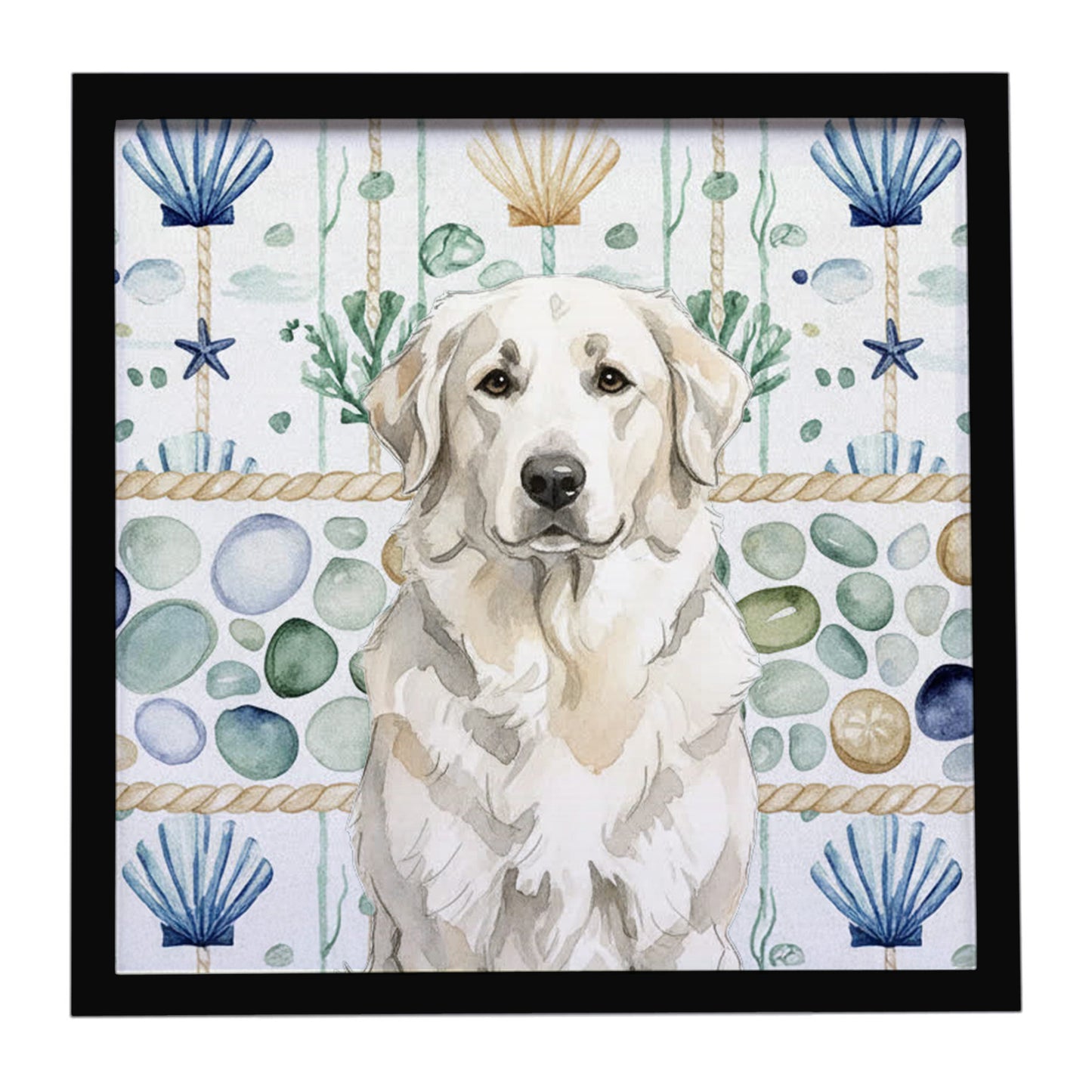 Buy this White Great Pyrenees Coastal Sea Glass Framed Metal Print