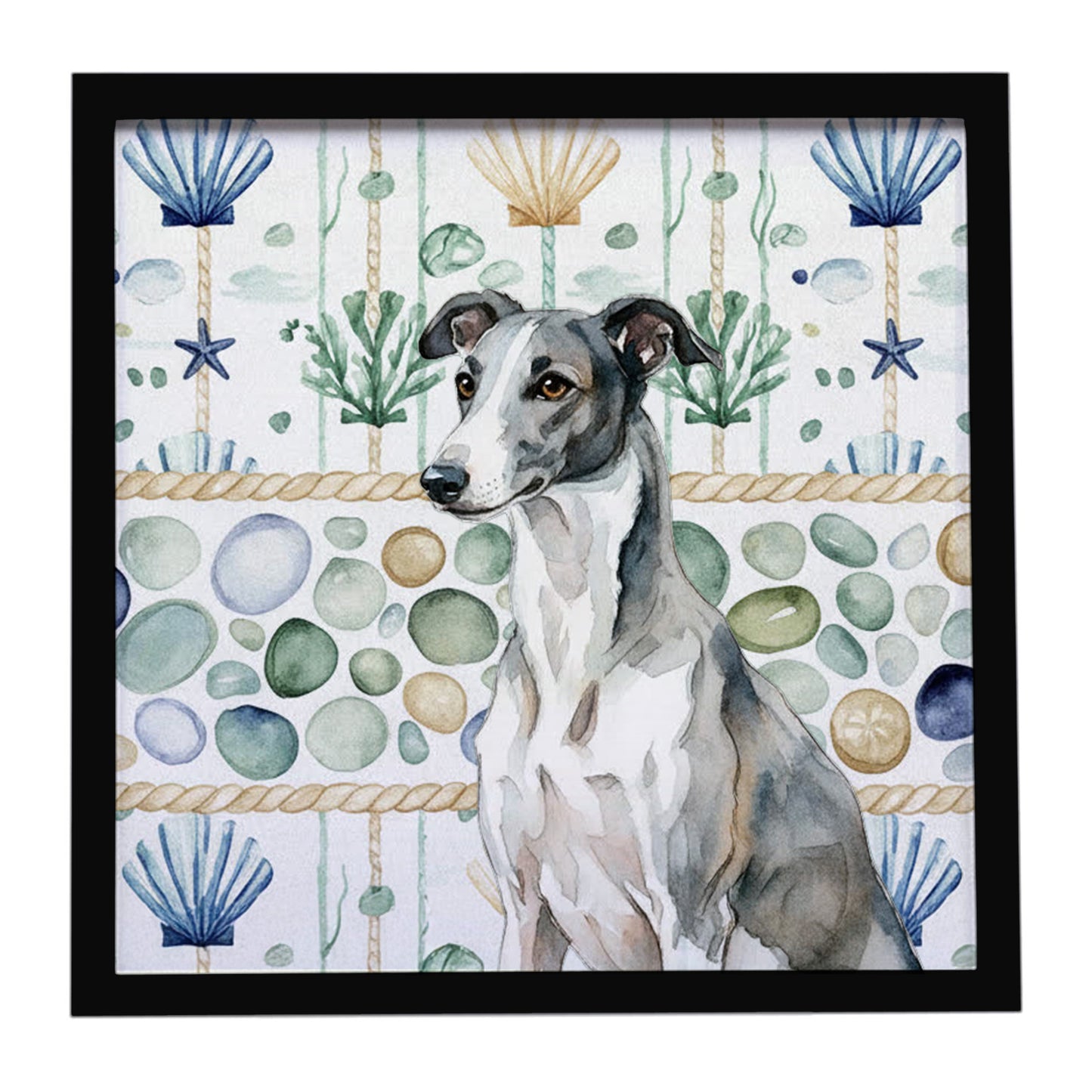Buy this Black and White Greyhound Coastal Sea Glass Framed Metal Print
