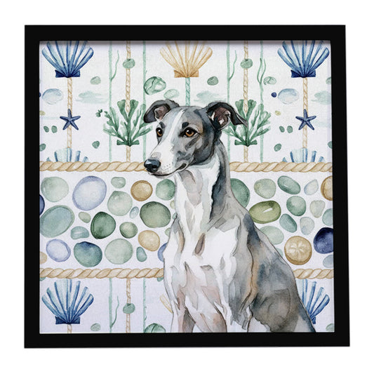 Buy this Black and White Greyhound Coastal Sea Glass Framed Metal Print
