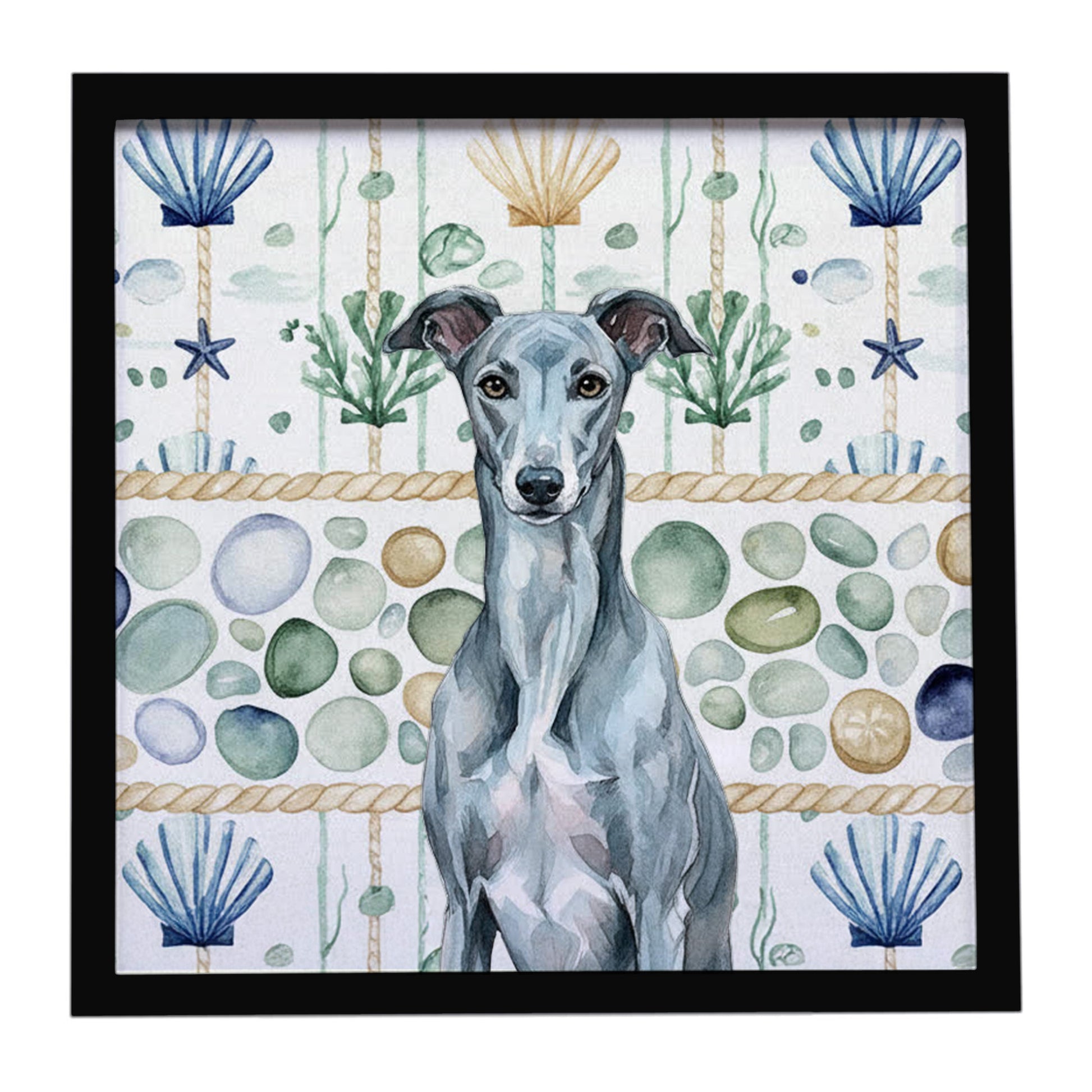 Buy this Blue Brindle Greyhound Coastal Sea Glass Framed Metal Print