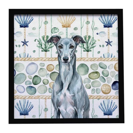 Buy this Blue Brindle Greyhound Coastal Sea Glass Framed Metal Print