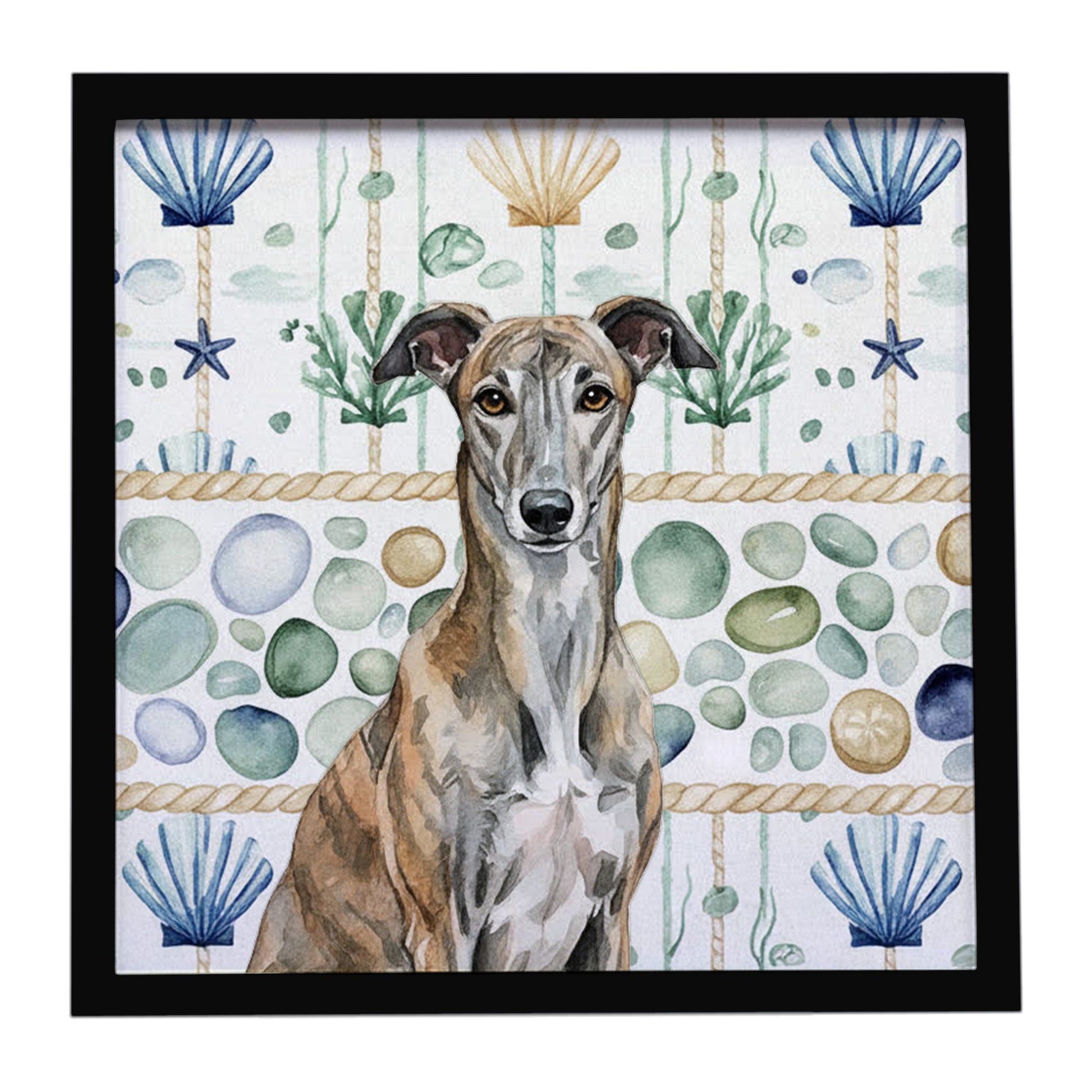 Buy this Brindle Greyhound Coastal Sea Glass Framed Metal Print
