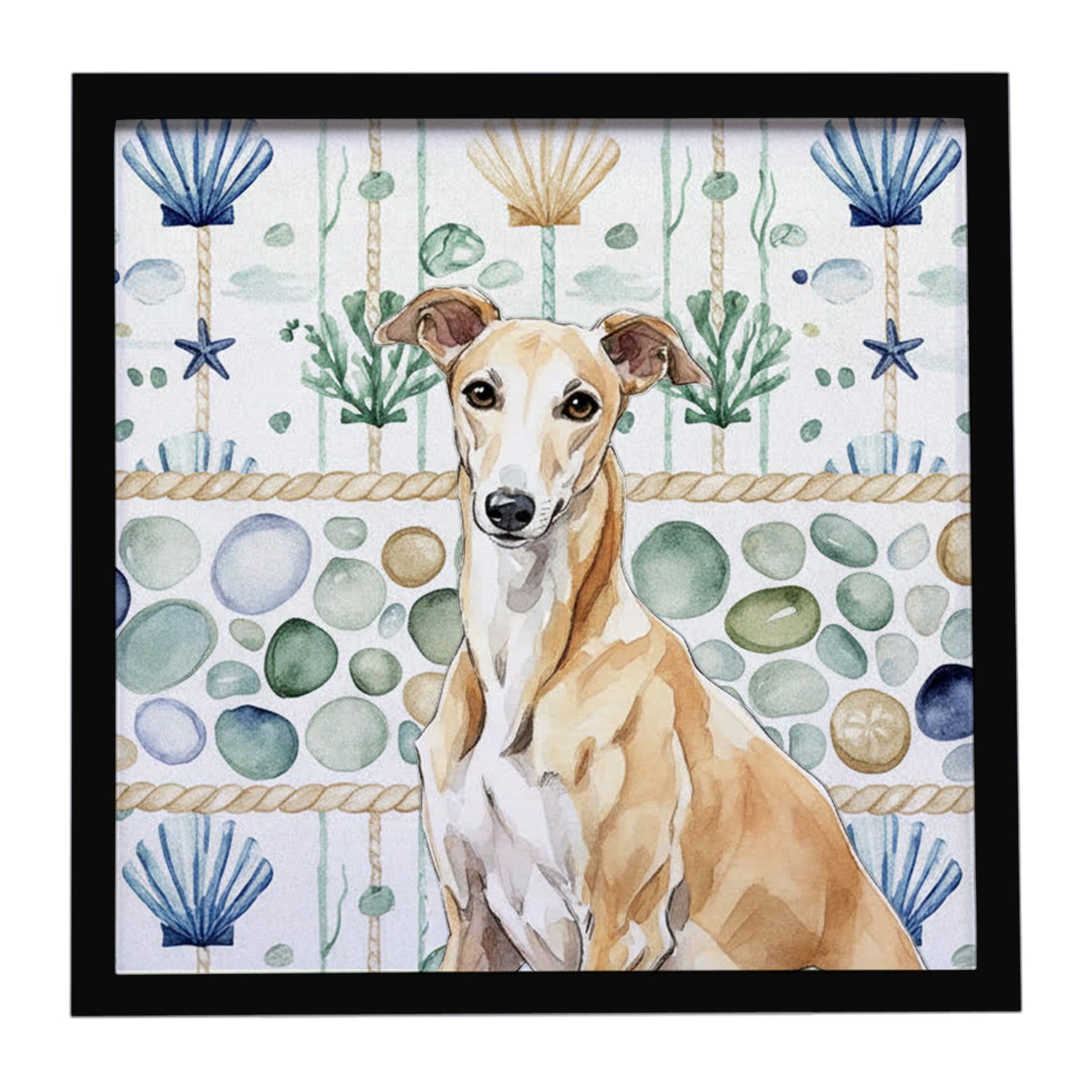 Buy this Fawn Greyhound Coastal Sea Glass Framed Metal Print