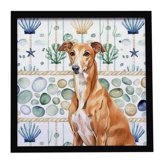 Buy this Red Greyhound Coastal Sea Glass Framed Metal Print