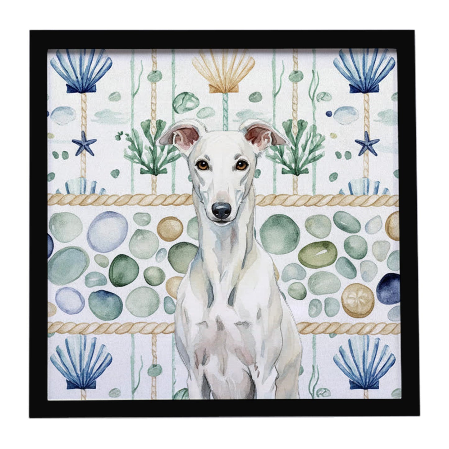 Buy this White Greyhound Coastal Sea Glass Framed Metal Print