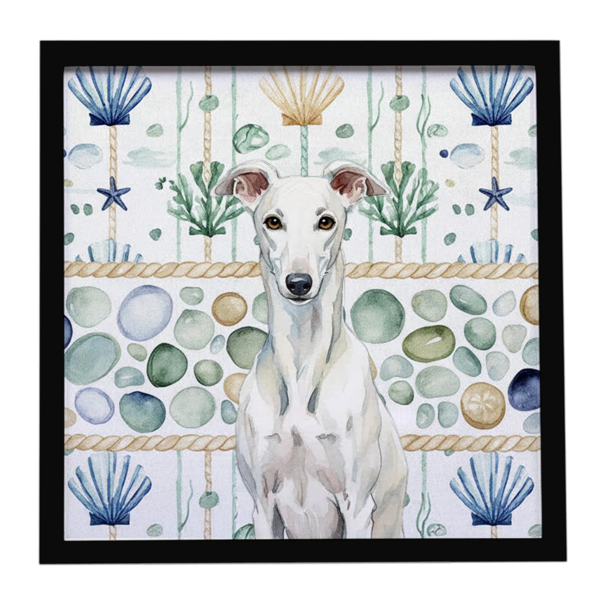 Buy this White Greyhound Coastal Sea Glass Framed Metal Print