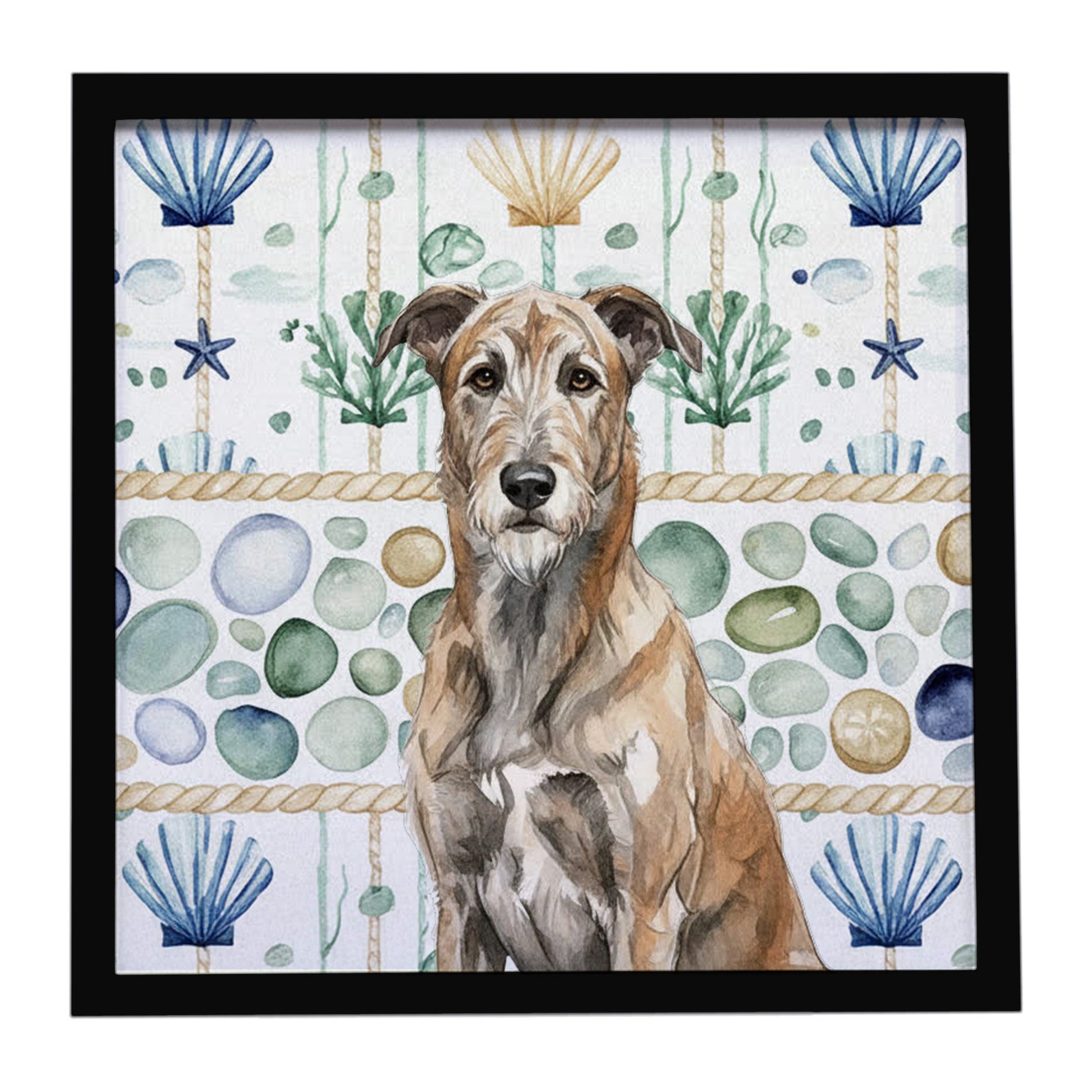 Buy this Brindle Irish Wolfhound Coastal Sea Glass Framed Metal Print