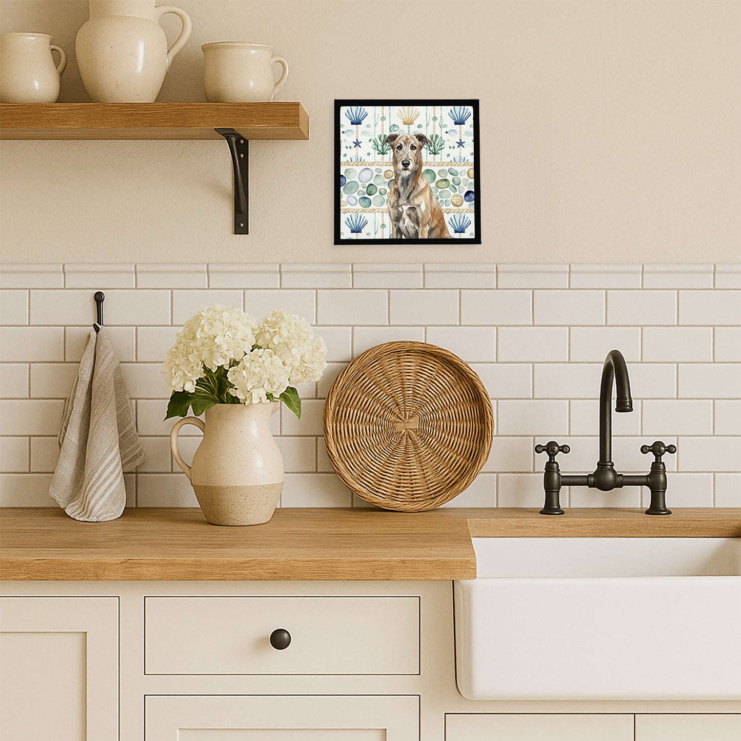 Brindle Irish Wolfhound Coastal Sea Glass Framed Metal Print