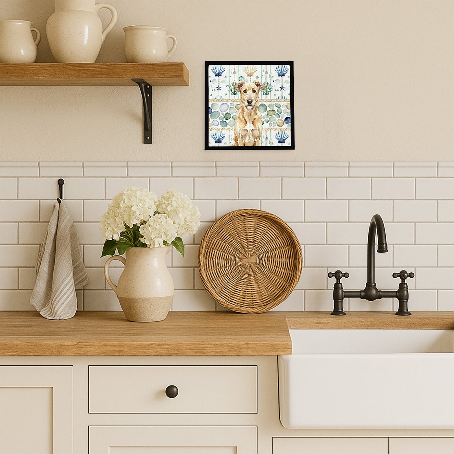 Wheaten Irish Wolfhound Coastal Sea Glass Framed Metal Print