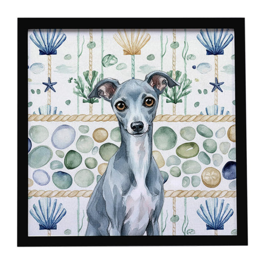 Buy this Blue Italian Greyhound Coastal Sea Glass Framed Metal Print