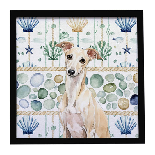 Buy this Cream Italian Greyhound Coastal Sea Glass Framed Metal Print
