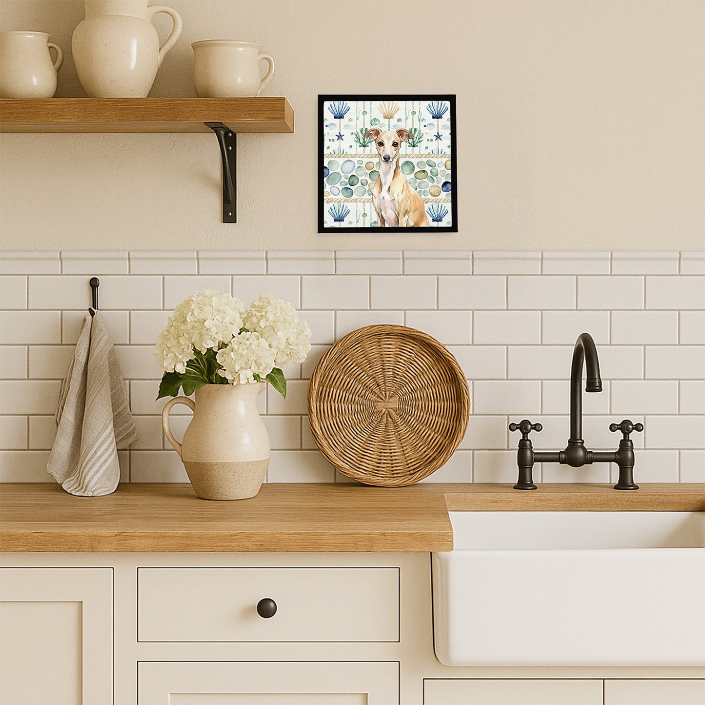 Fawn Italian Greyhound Coastal Sea Glass Framed Metal Print