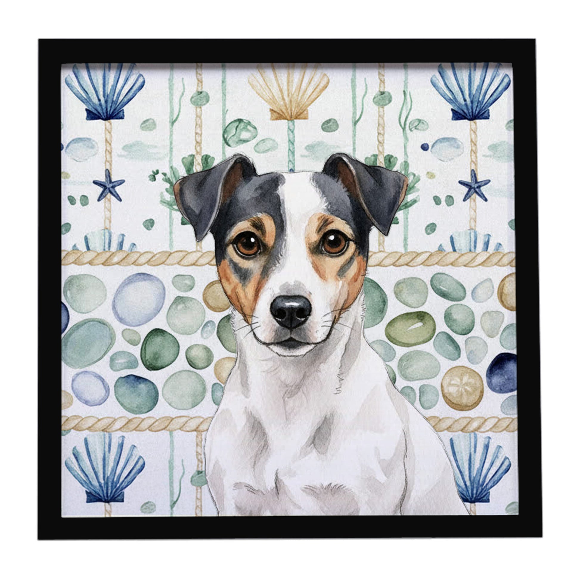 Buy this White and Black Jack Russell Terrier Coastal Sea Glass Framed Metal Print