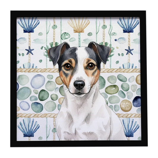 Buy this White and Black Jack Russell Terrier Coastal Sea Glass Framed Metal Print