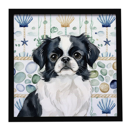 Buy this Black and White Japanese Chin Coastal Sea Glass Framed Metal Print
