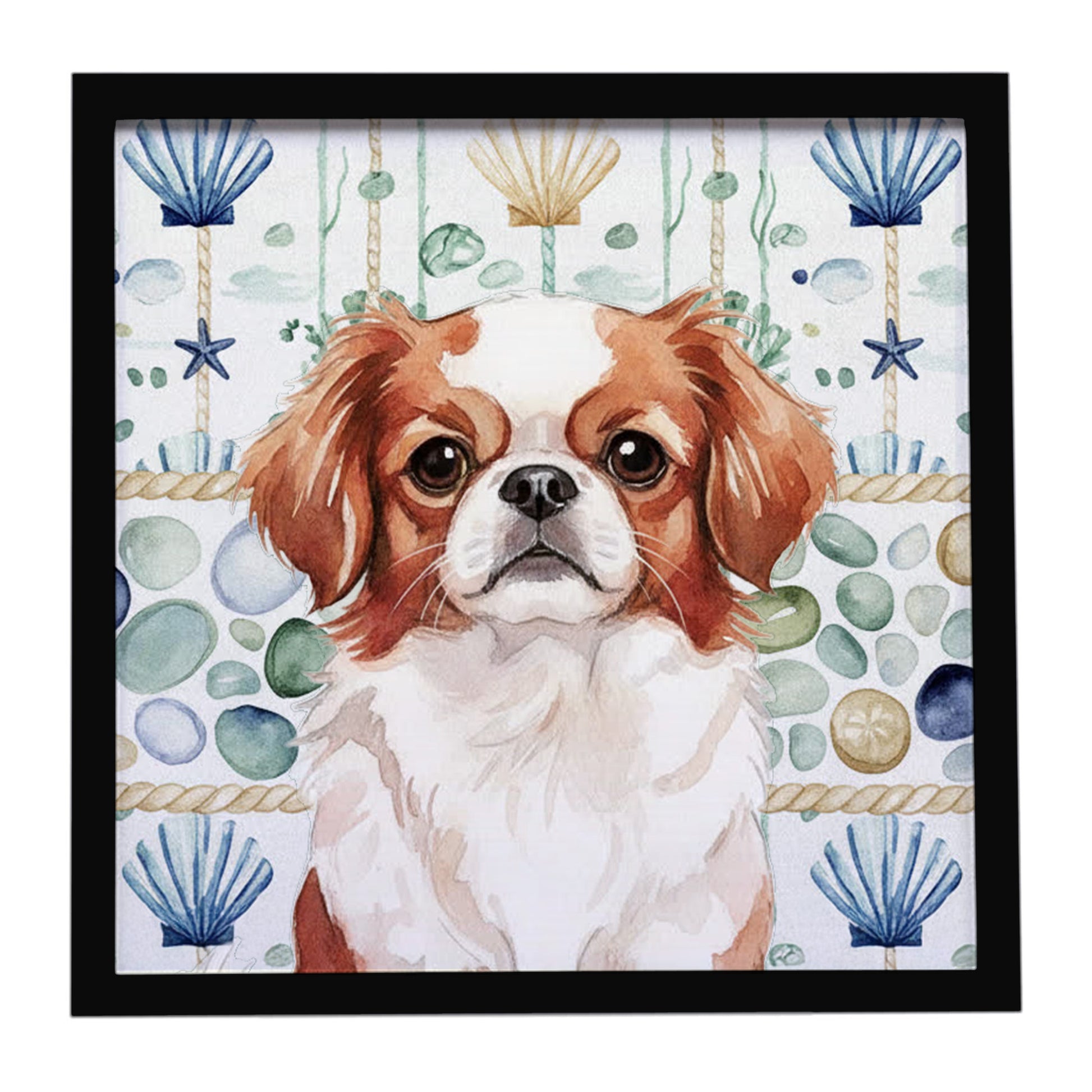 Buy this Red and White Japanese Chin Coastal Sea Glass Framed Metal Print