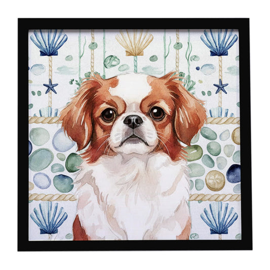 Buy this Red and White Japanese Chin Coastal Sea Glass Framed Metal Print