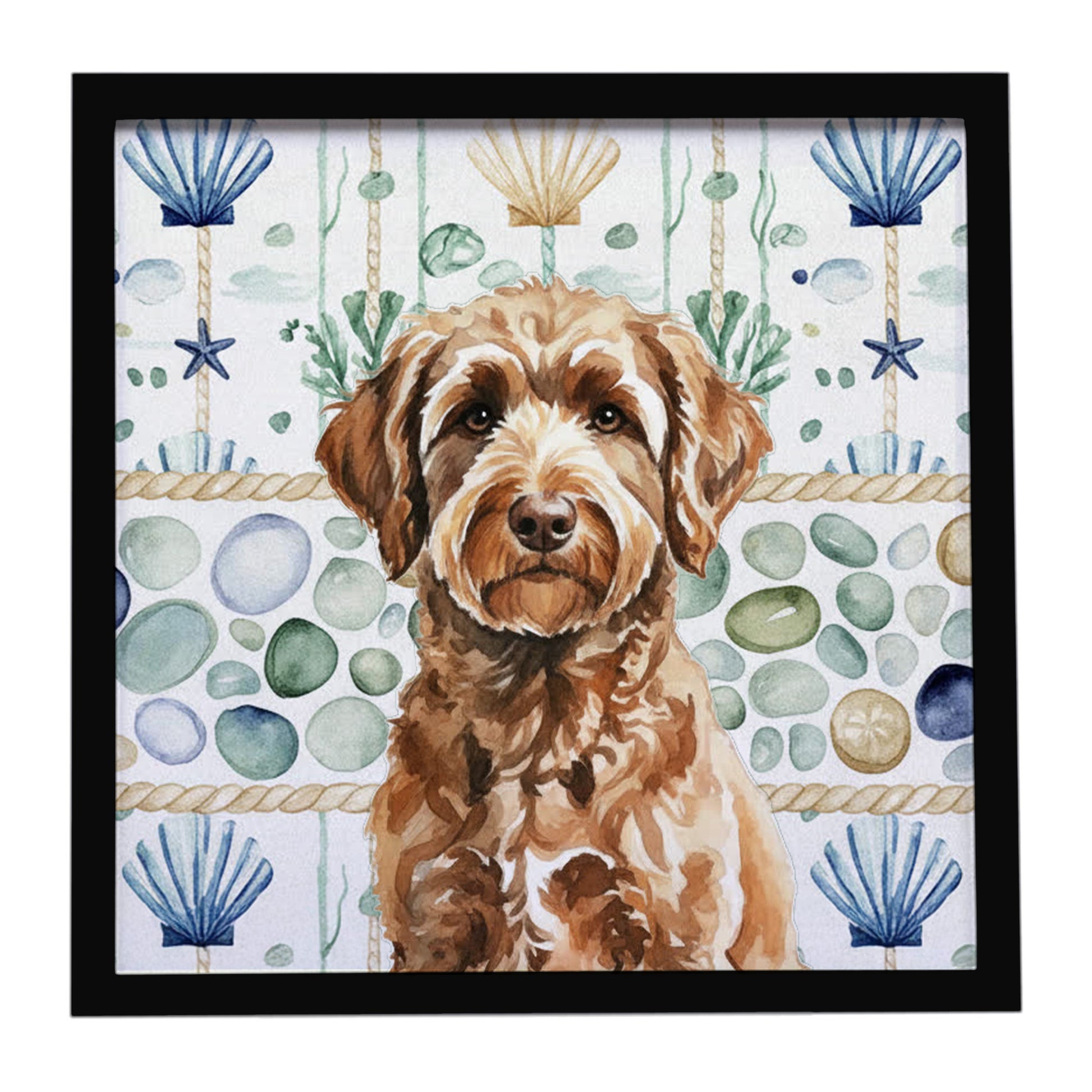 Buy this Chocolate Labradoodle Coastal Sea Glass Framed Metal Print