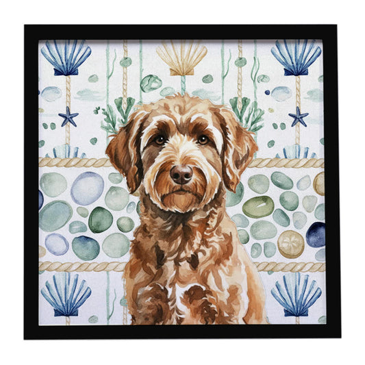 Buy this Chocolate Labradoodle Coastal Sea Glass Framed Metal Print