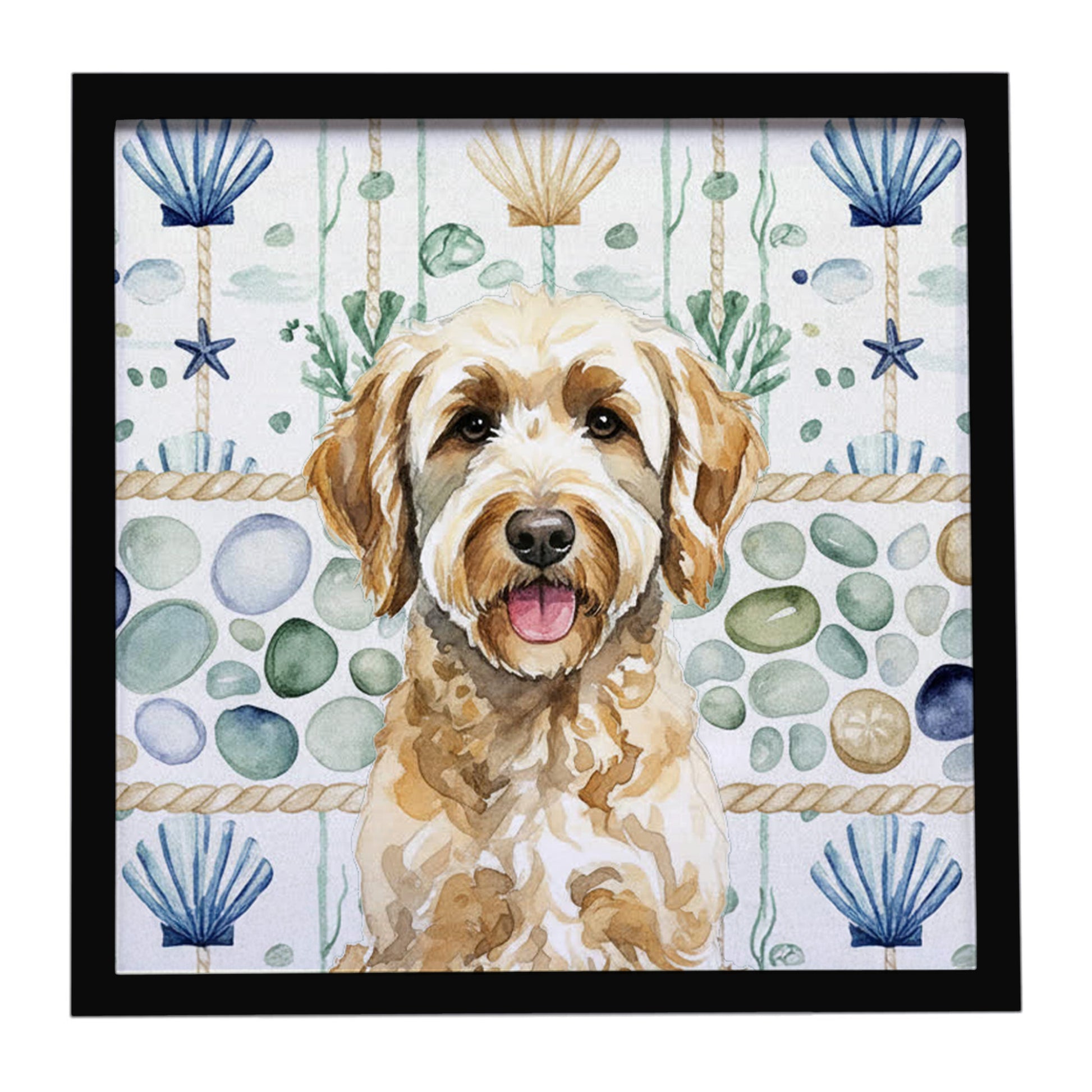 Buy this Yellow Labradoodle Coastal Sea Glass Framed Metal Print