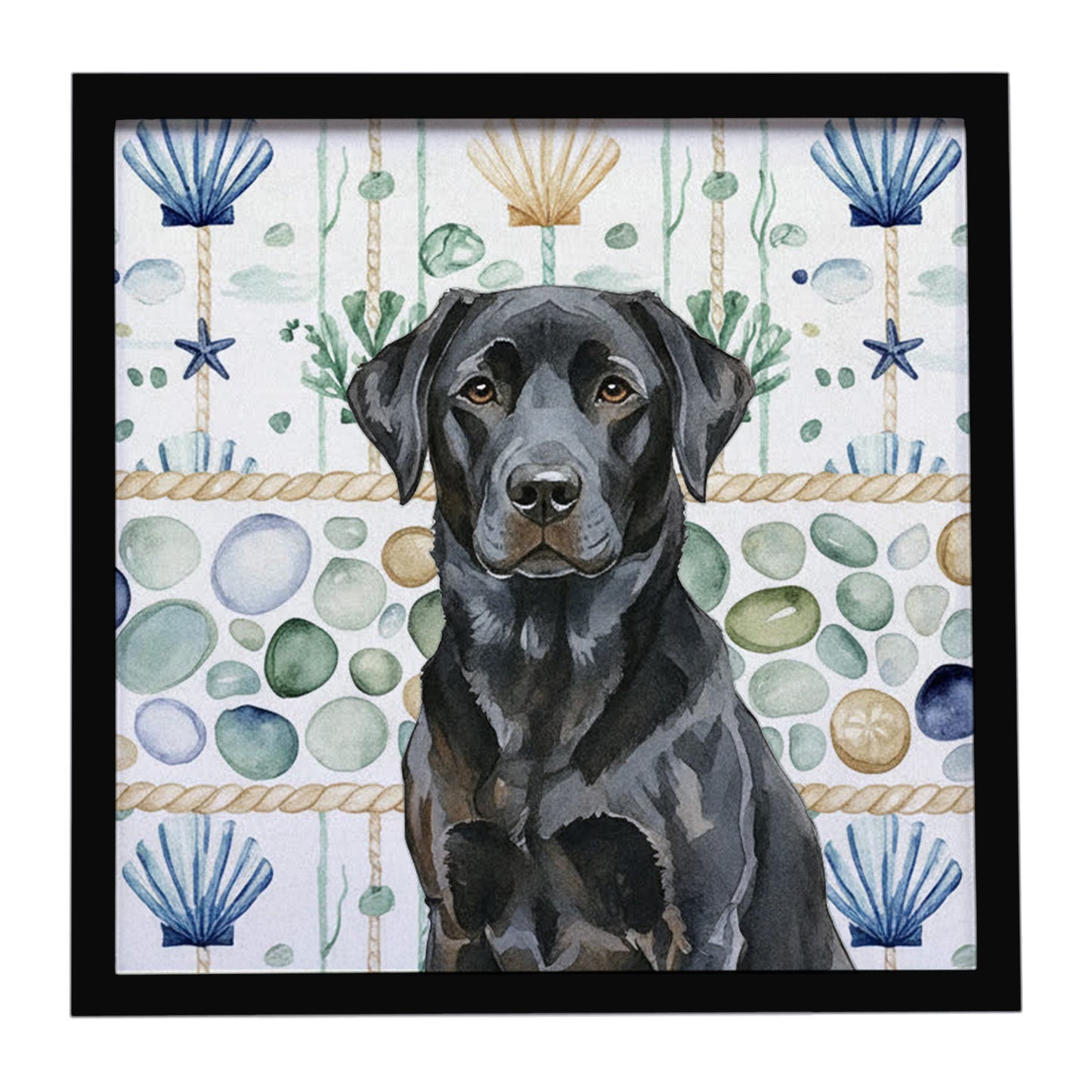Buy this Black Labrador Retriever Coastal Sea Glass Framed Metal Print
