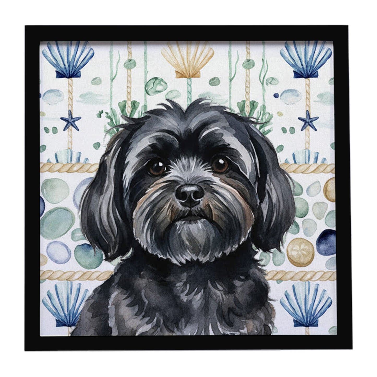 Buy this Black Lhasa Apso Coastal Sea Glass Framed Metal Print