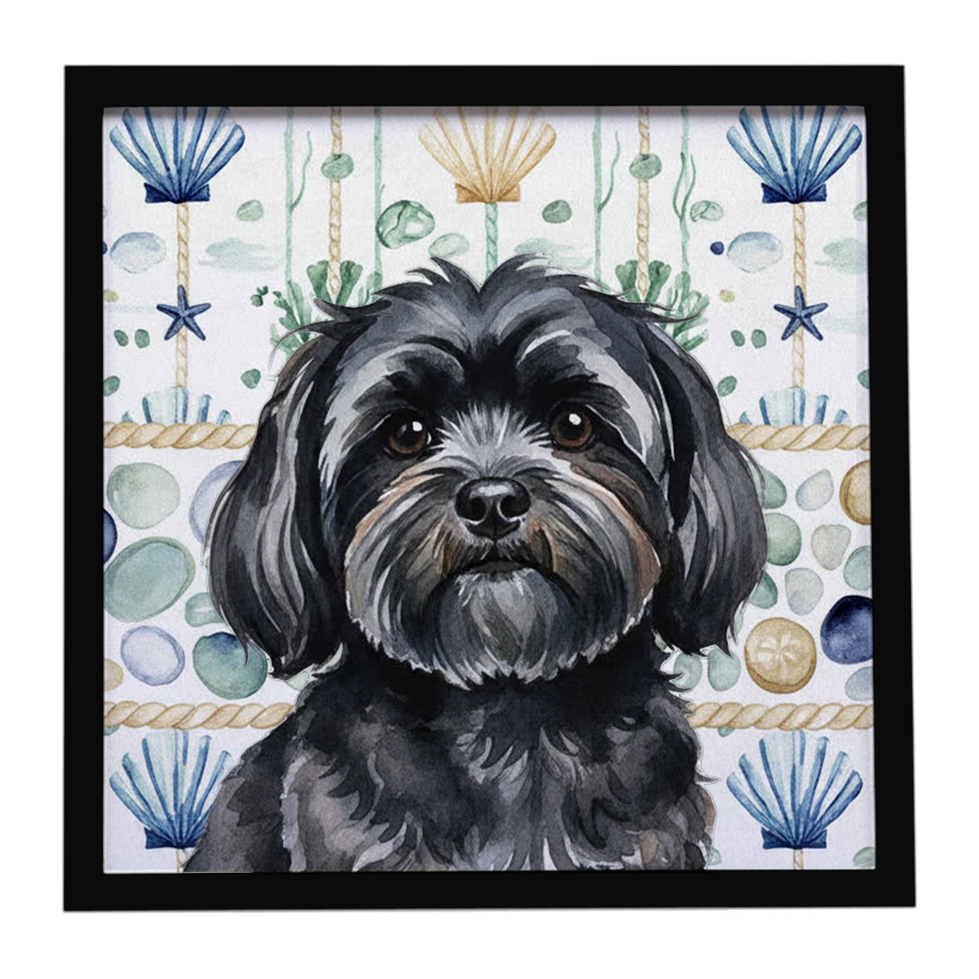 Buy this Black Lhasa Apso Coastal Sea Glass Framed Metal Print