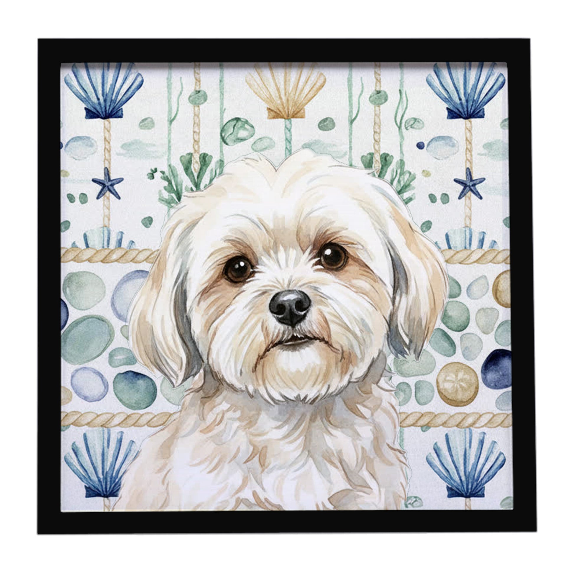 Buy this White Lhasa Apso Coastal Sea Glass Framed Metal Print