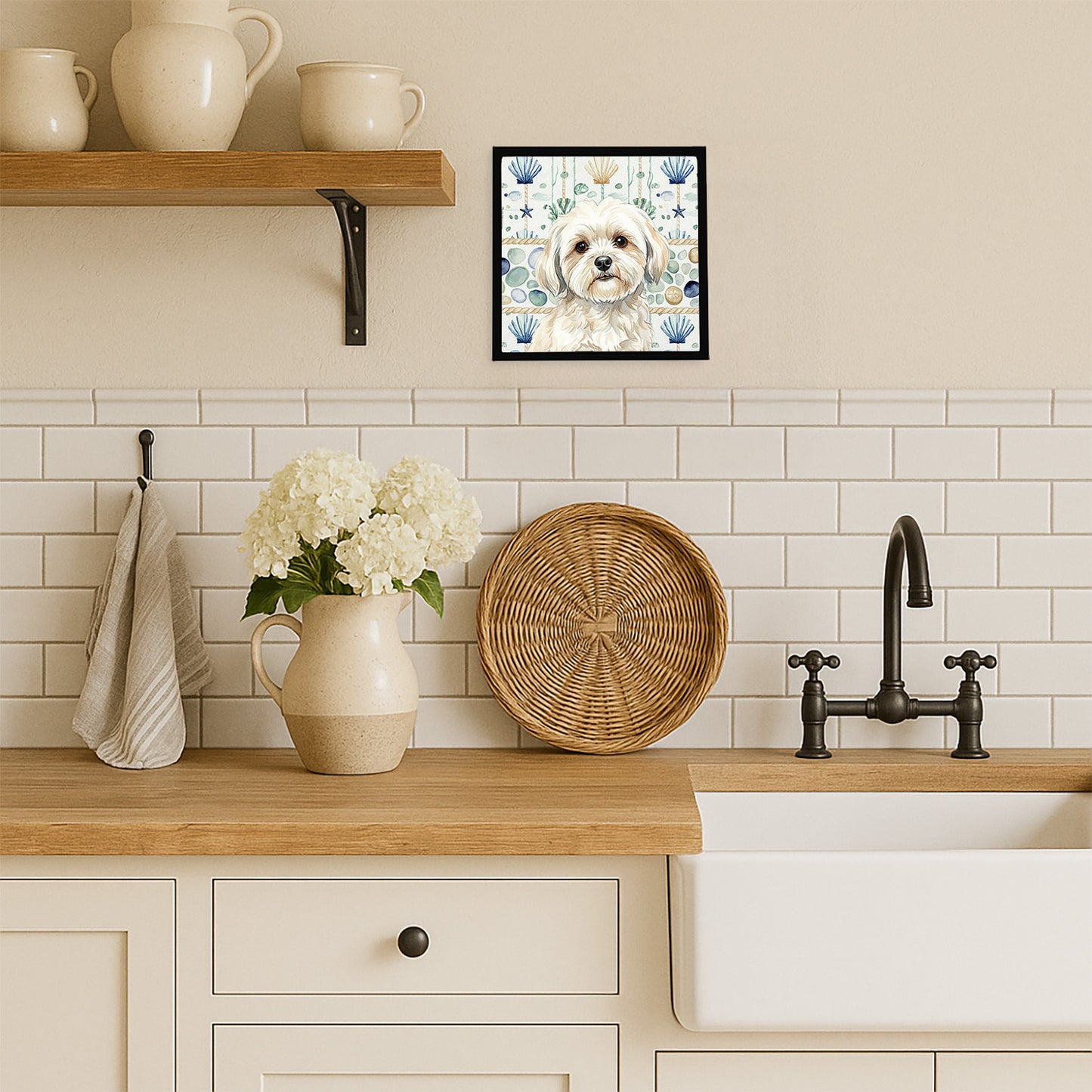 White Lhasa Apso Coastal Sea Glass Framed Metal Print