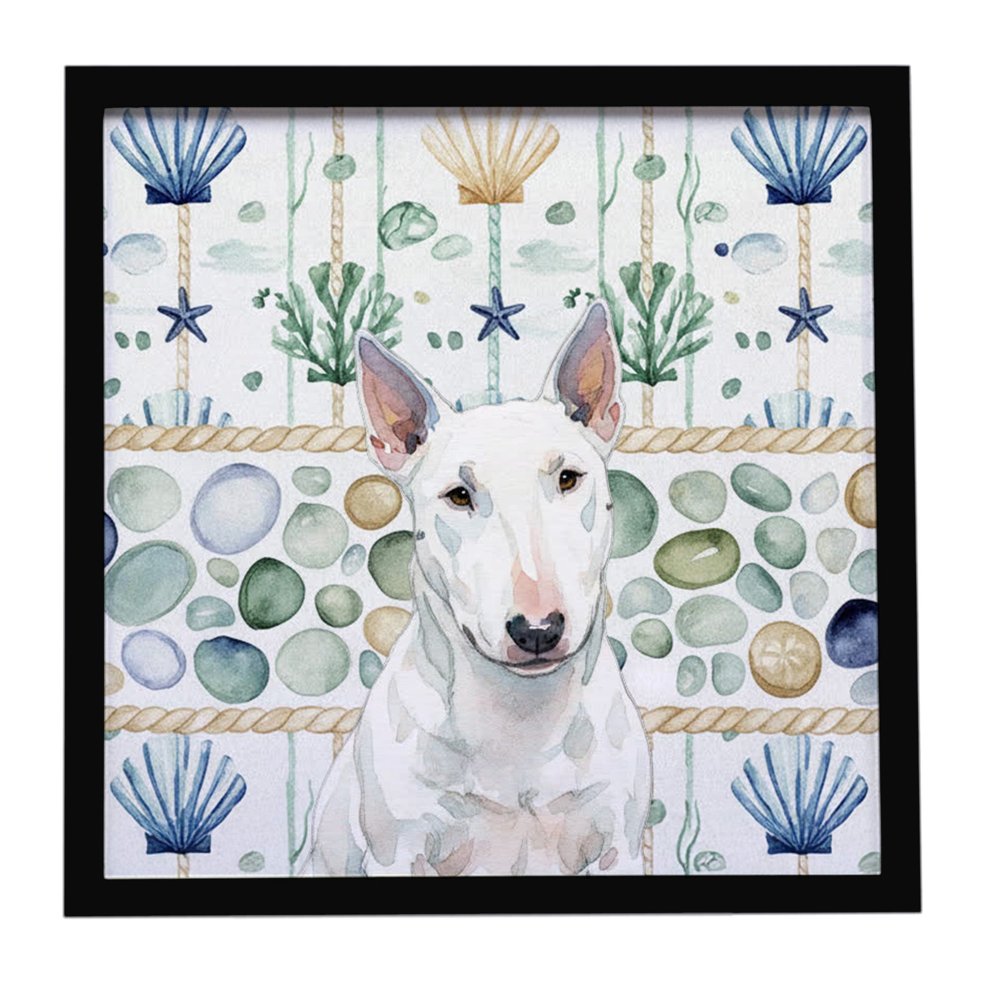Buy this White Miniature Bull Terrier Coastal Sea Glass Framed Metal Print