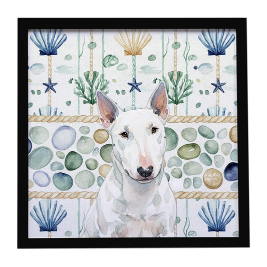 Buy this White Miniature Bull Terrier Coastal Sea Glass Framed Metal Print