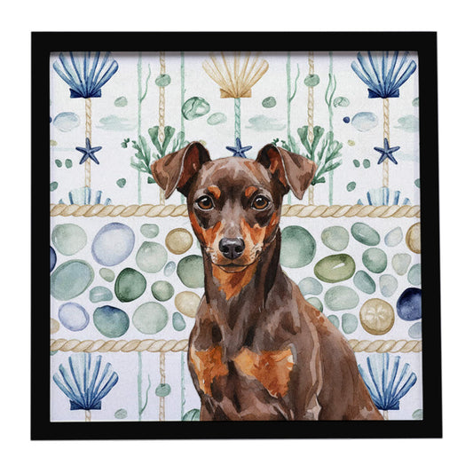 Buy this Chocolate and Rust Miniature Pinscher Min Pin Coastal Sea Glass Framed Metal Print