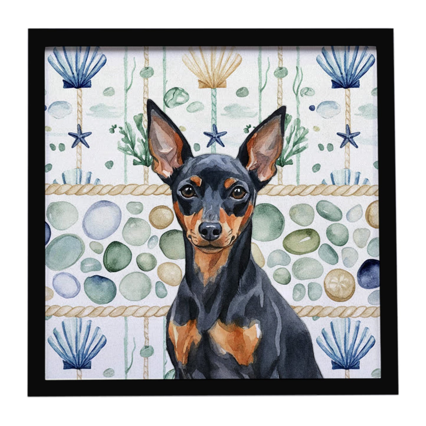Buy this Black and Tan Miniature Pinscher Coastal Sea Glass Framed Metal Print