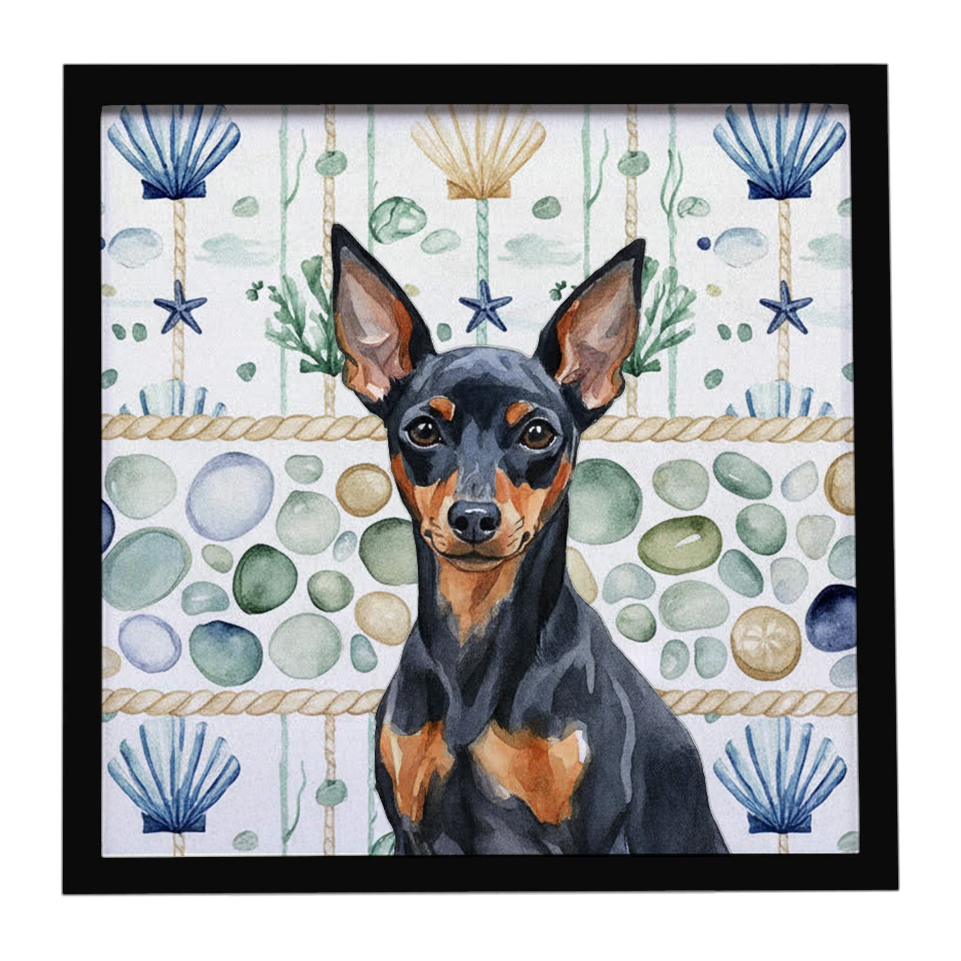 Buy this Black and Tan Miniature Pinscher Coastal Sea Glass Framed Metal Print