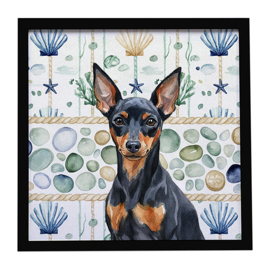 Buy this Black and Tan Miniature Pinscher Coastal Sea Glass Framed Metal Print