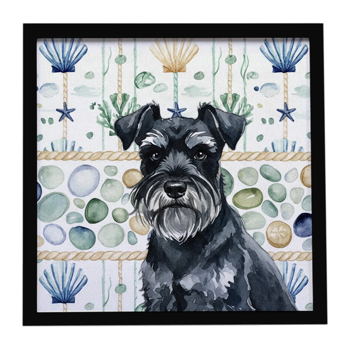 Buy this Black Miniature Schnauzer Coastal Sea Glass Framed Metal Print