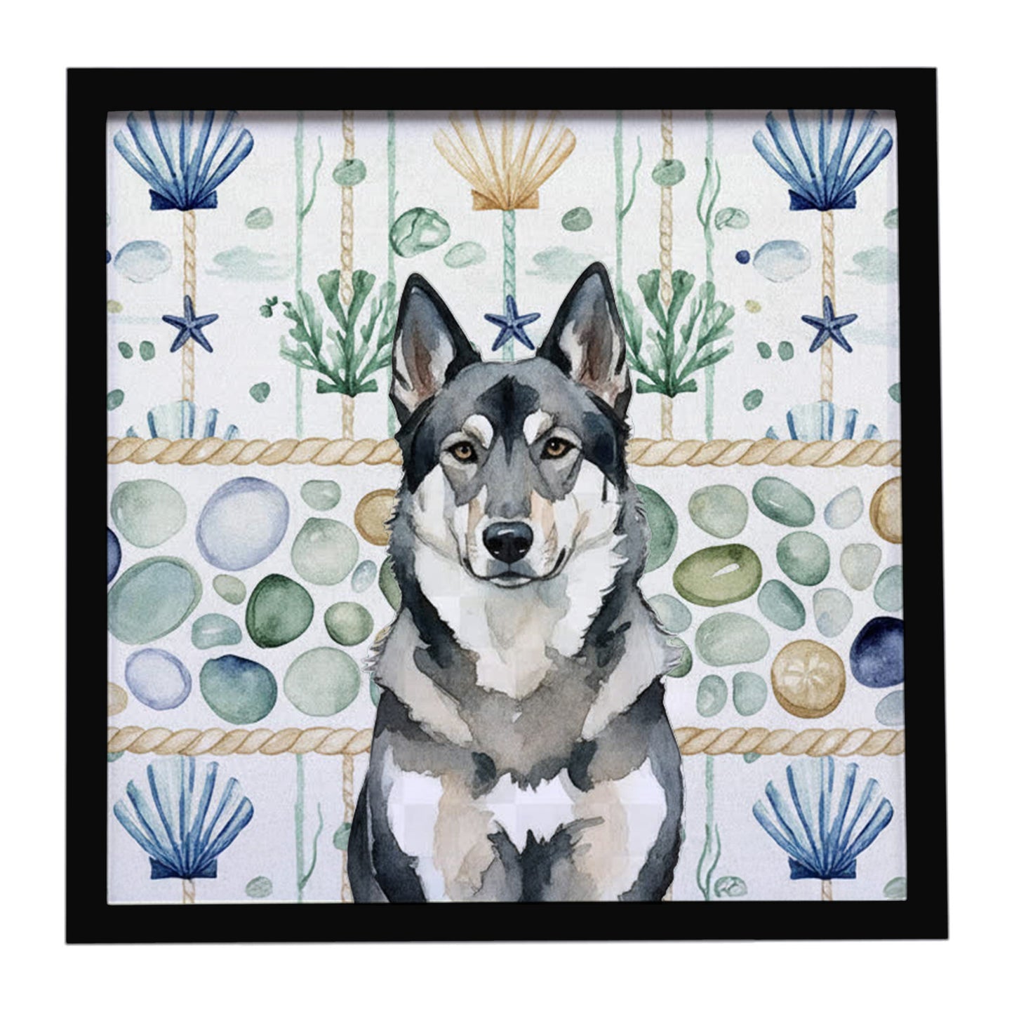 Buy this Norwegian Elkhound Coastal Sea Glass Framed Metal Print