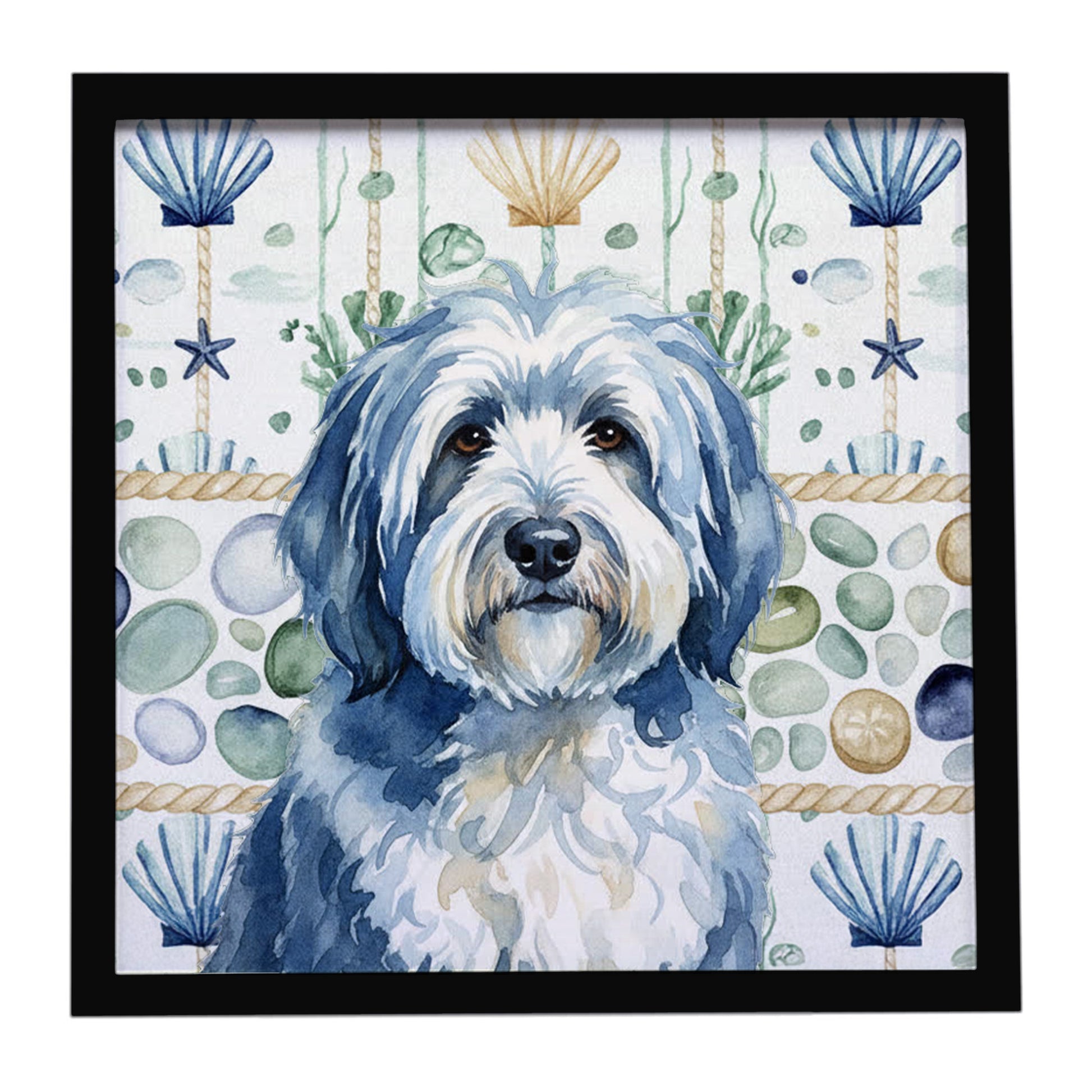 Buy this Blue and White Old English Sheepdog Coastal Sea Glass Framed Metal Print
