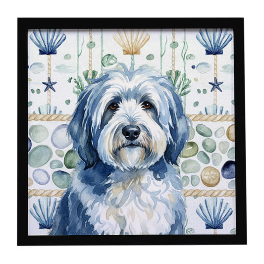Buy this Blue and White Old English Sheepdog Coastal Sea Glass Framed Metal Print