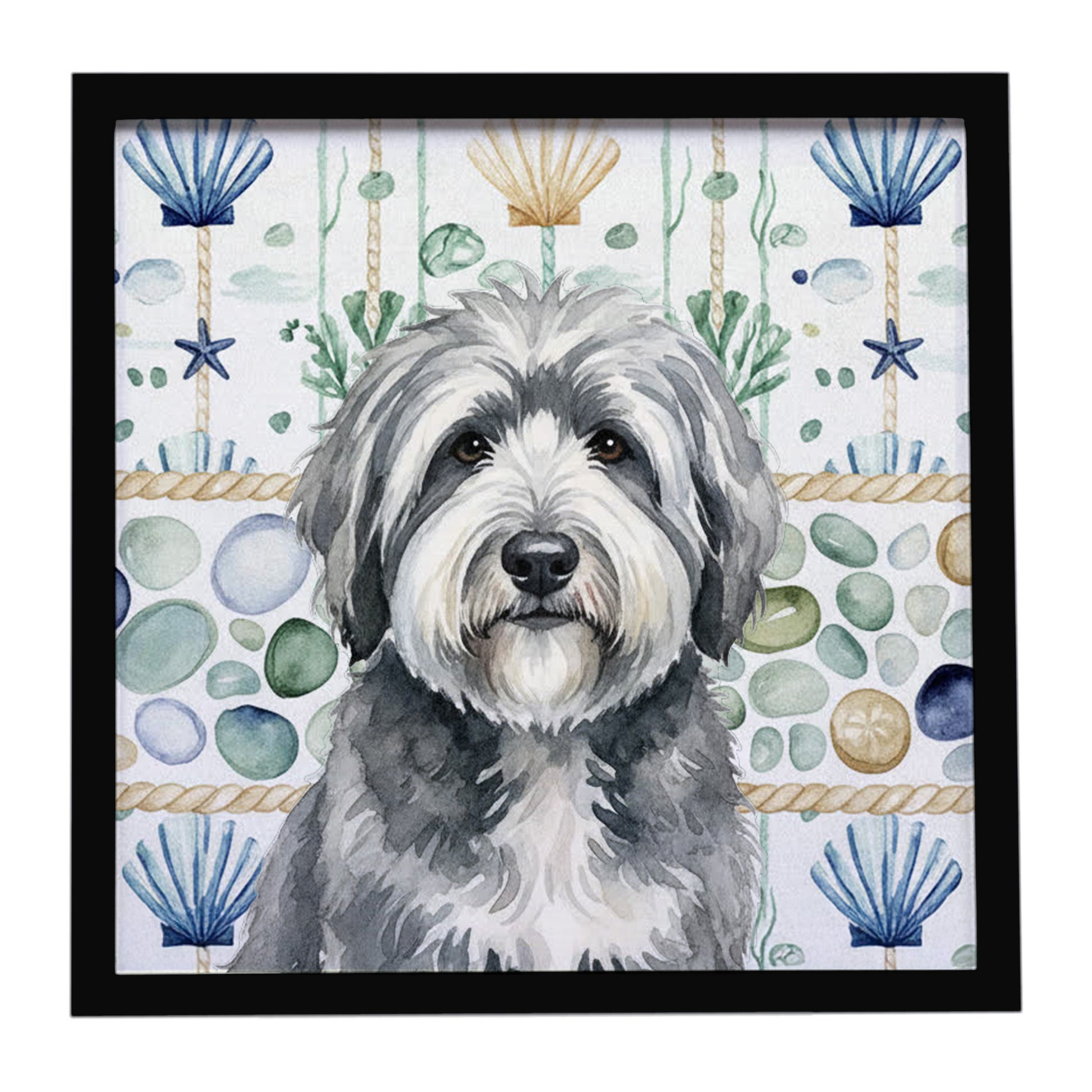 Buy this Gray and White Old English Sheepdog Coastal Sea Glass Framed Metal Print