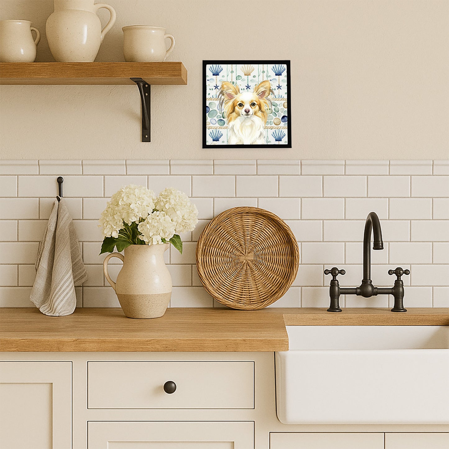 Lemon and White Papillon Coastal Sea Glass Framed Metal Print