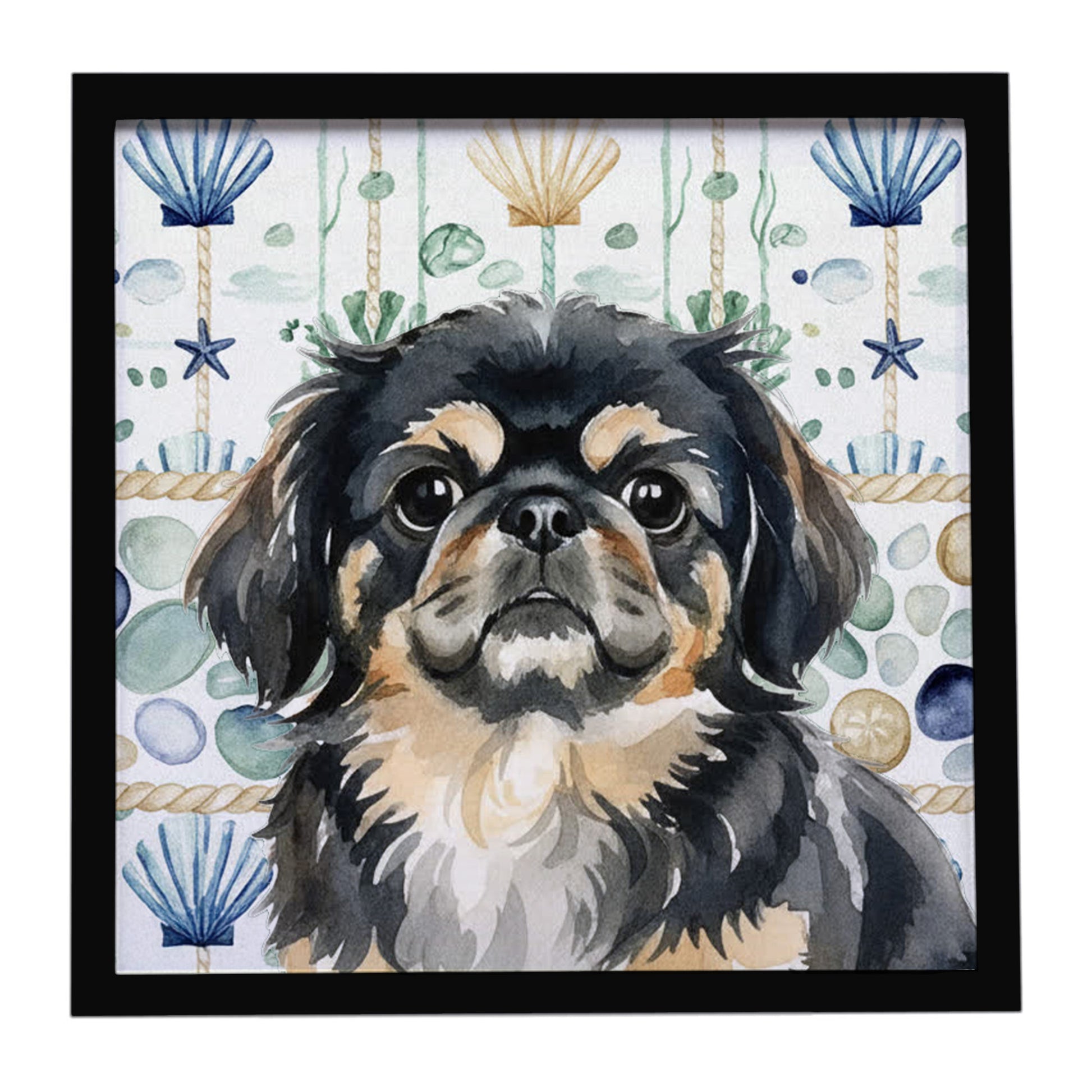 Buy this Black and Tan Pekingese Coastal Sea Glass Framed Metal Print